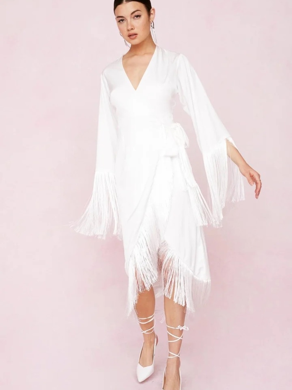 Nasty Gal White Fringe Wrap Midi Dress